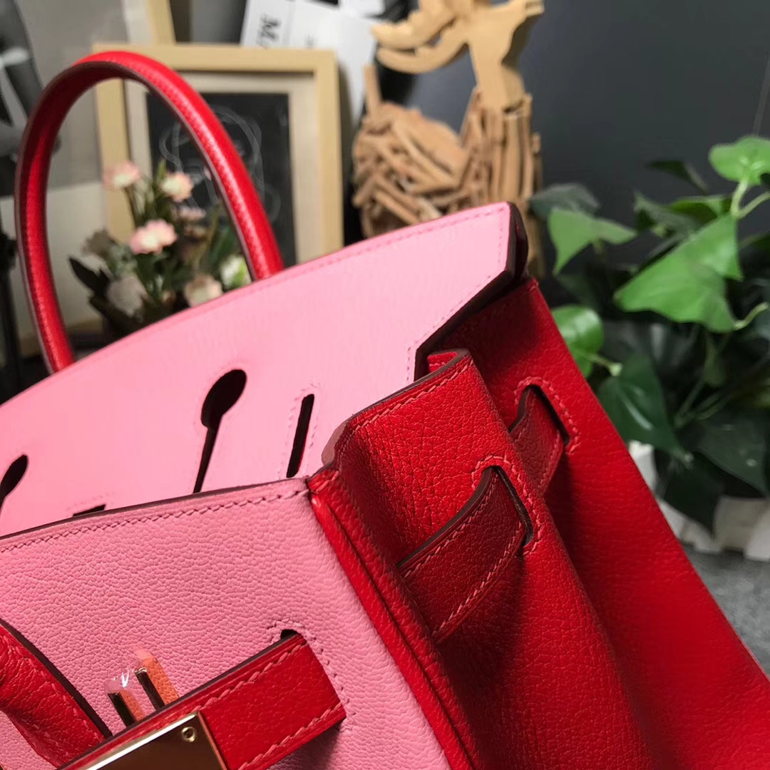 Hermès（爱马仕）1Q奶昔粉拼S5番茄红 原厂御用顶级山羊皮 Birkin 30 金扣