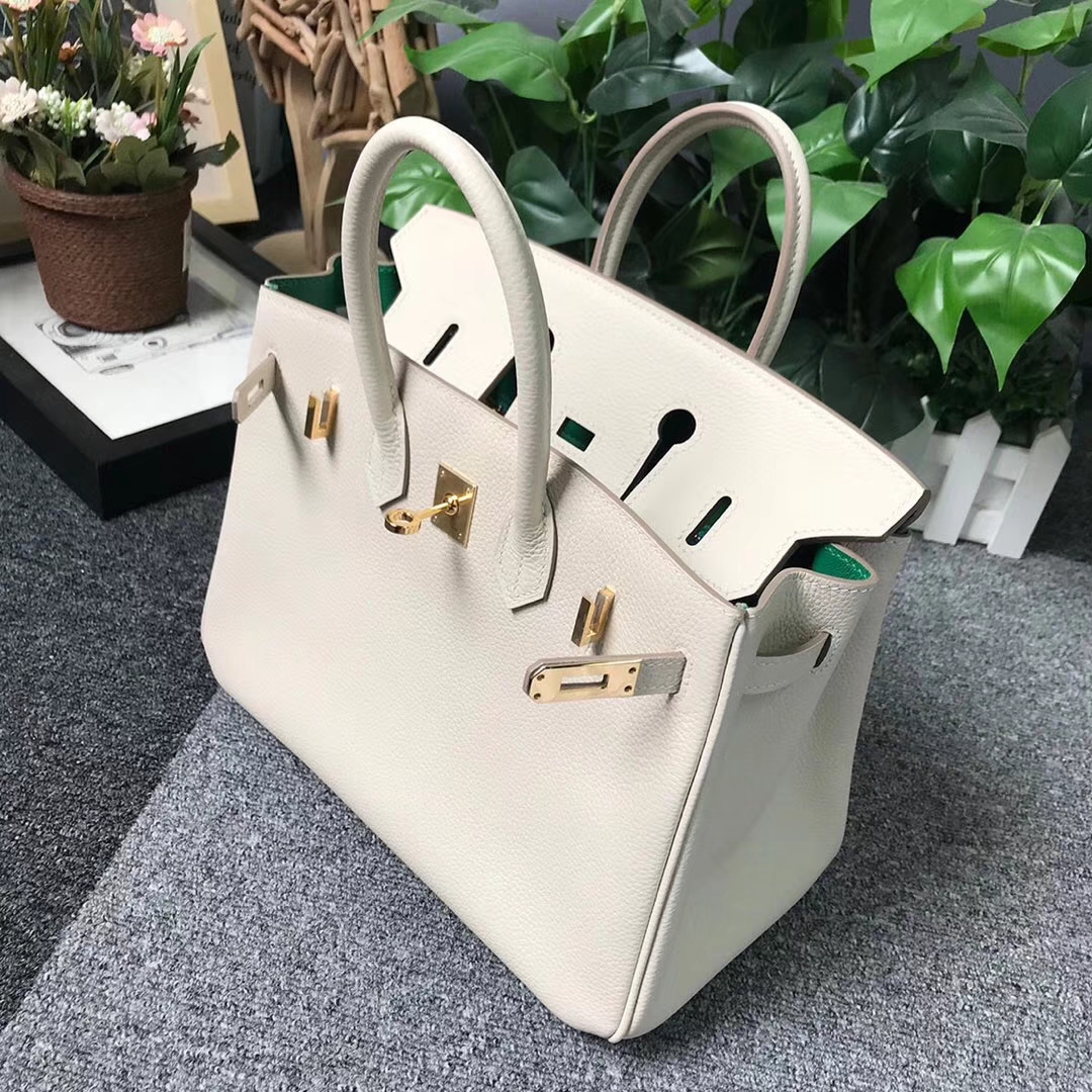 Hermès（爱马仕）奶昔白内拼U4丝绒绿 原厂御用顶级小牛皮 Birkin 25 金扣