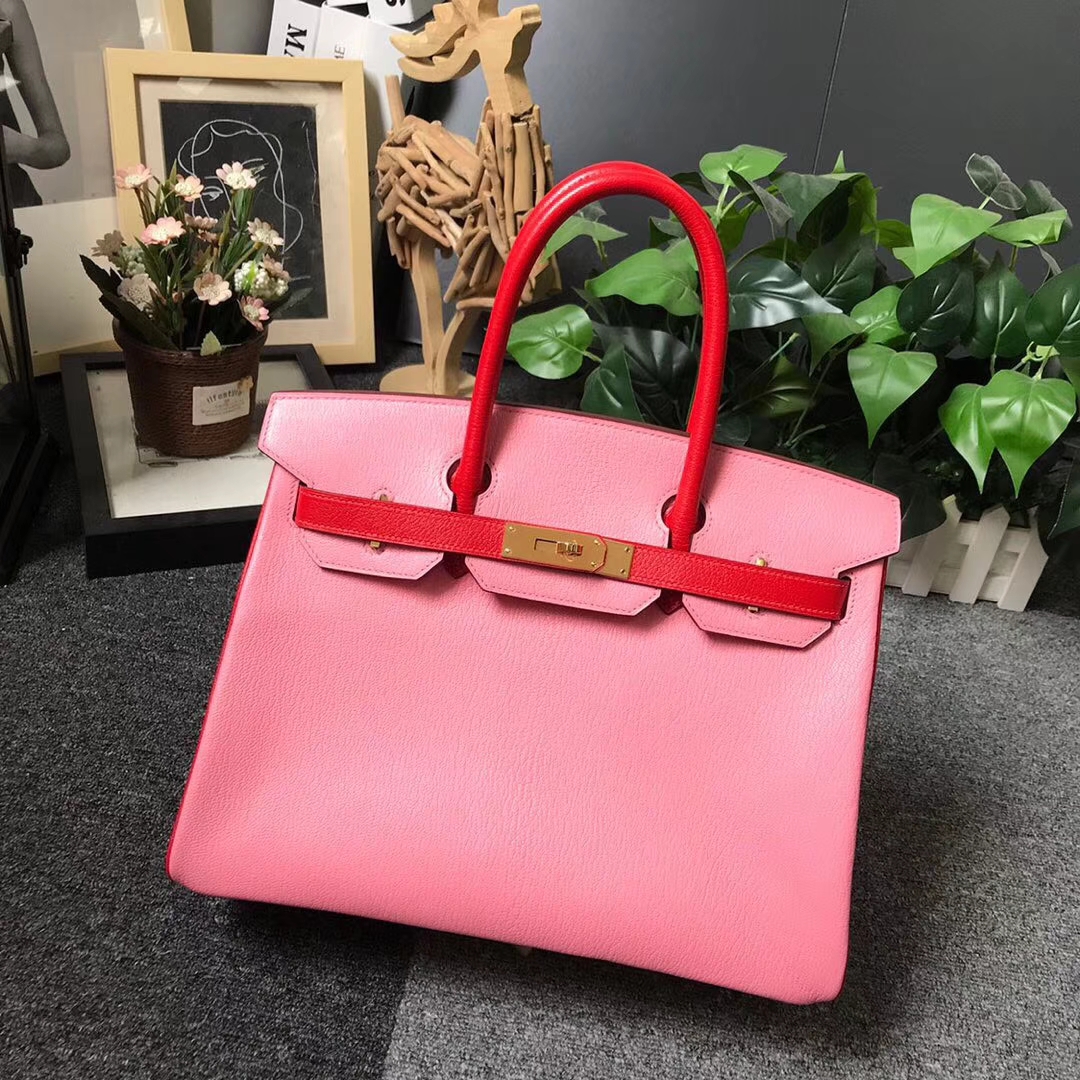 Hermès（爱马仕）1Q奶昔粉拼S5番茄红 原厂御用顶级山羊皮 Birkin 30 金扣