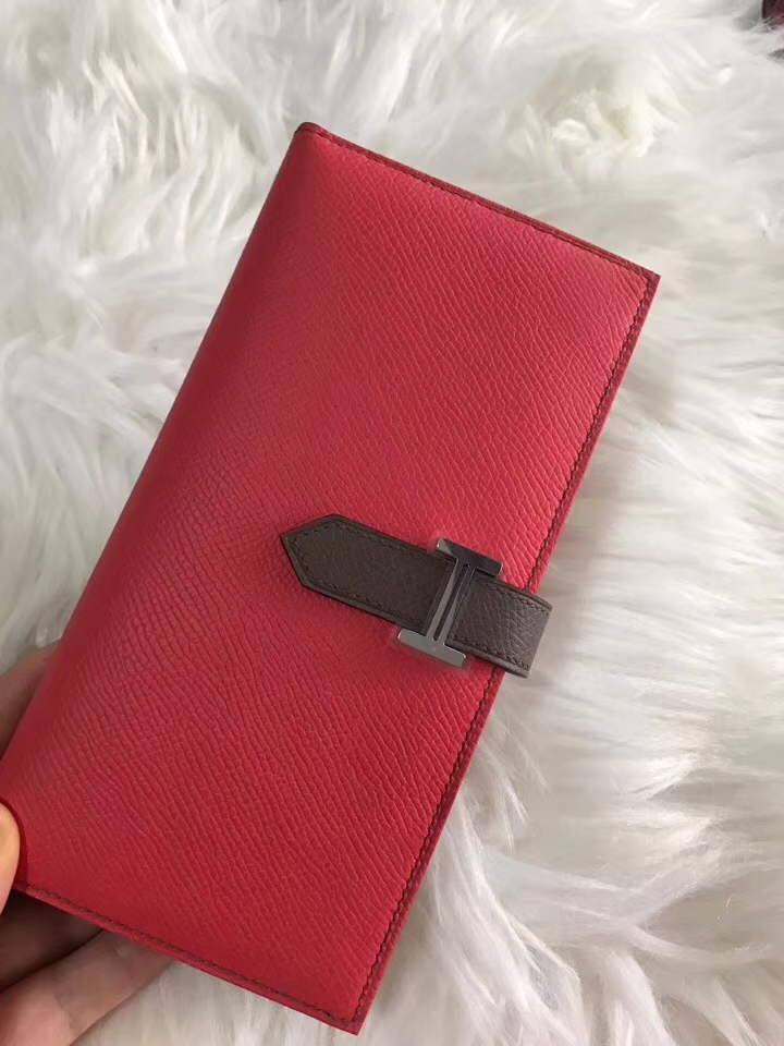 Hermès（爱马仕）bearn长款 原装等级进口epsom皮 斋浦尔粉拼大象灰 现货