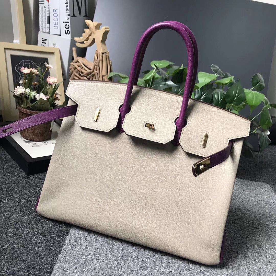 Hermès（爱马仕）风衣灰拼海葵紫 原厂御用顶级山羊皮 Birkin 35 金扣 现货