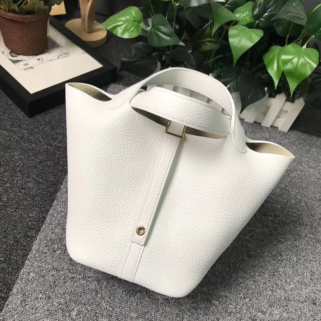 Hermès（爱马仕）纯白色 原厂御用顶级TC 皮 Picotin  Lock 18cm 金扣