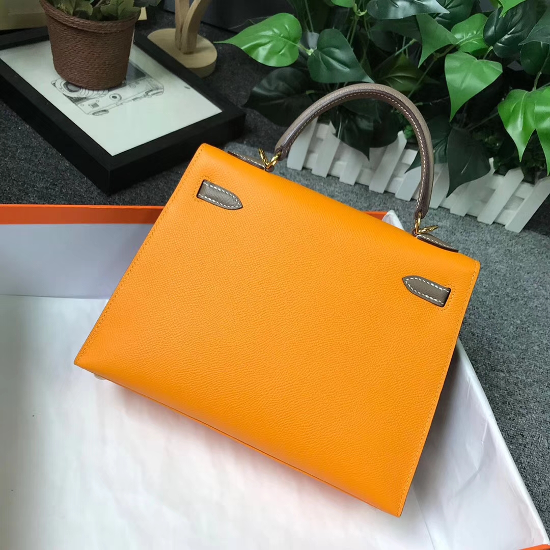 Hermès（爱马仕）9V太阳金黄拼大象灰 原厂御用顶级Epsom 皮 Kelly 25 外缝 金扣