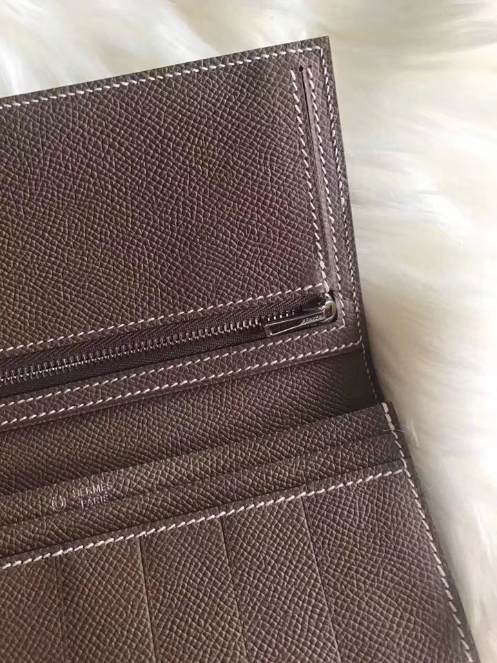 Hermès（爱马仕）bearn长款 原装等级进口epsom皮 孔雀蓝拼大象灰