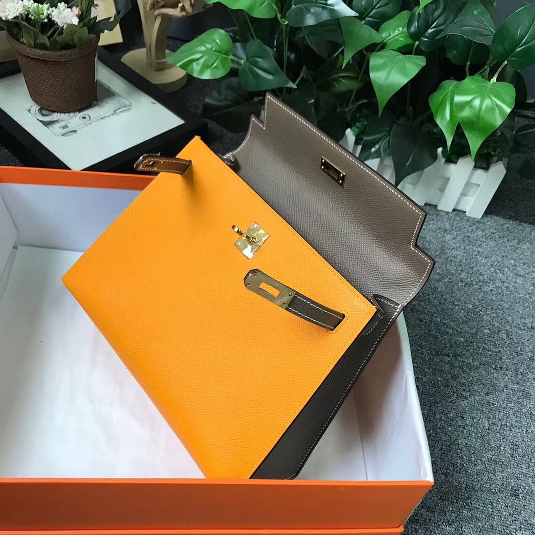 Hermès（爱马仕）9V太阳金黄拼大象灰 原厂御用顶级Epsom 皮 Kelly 25 外缝 金扣