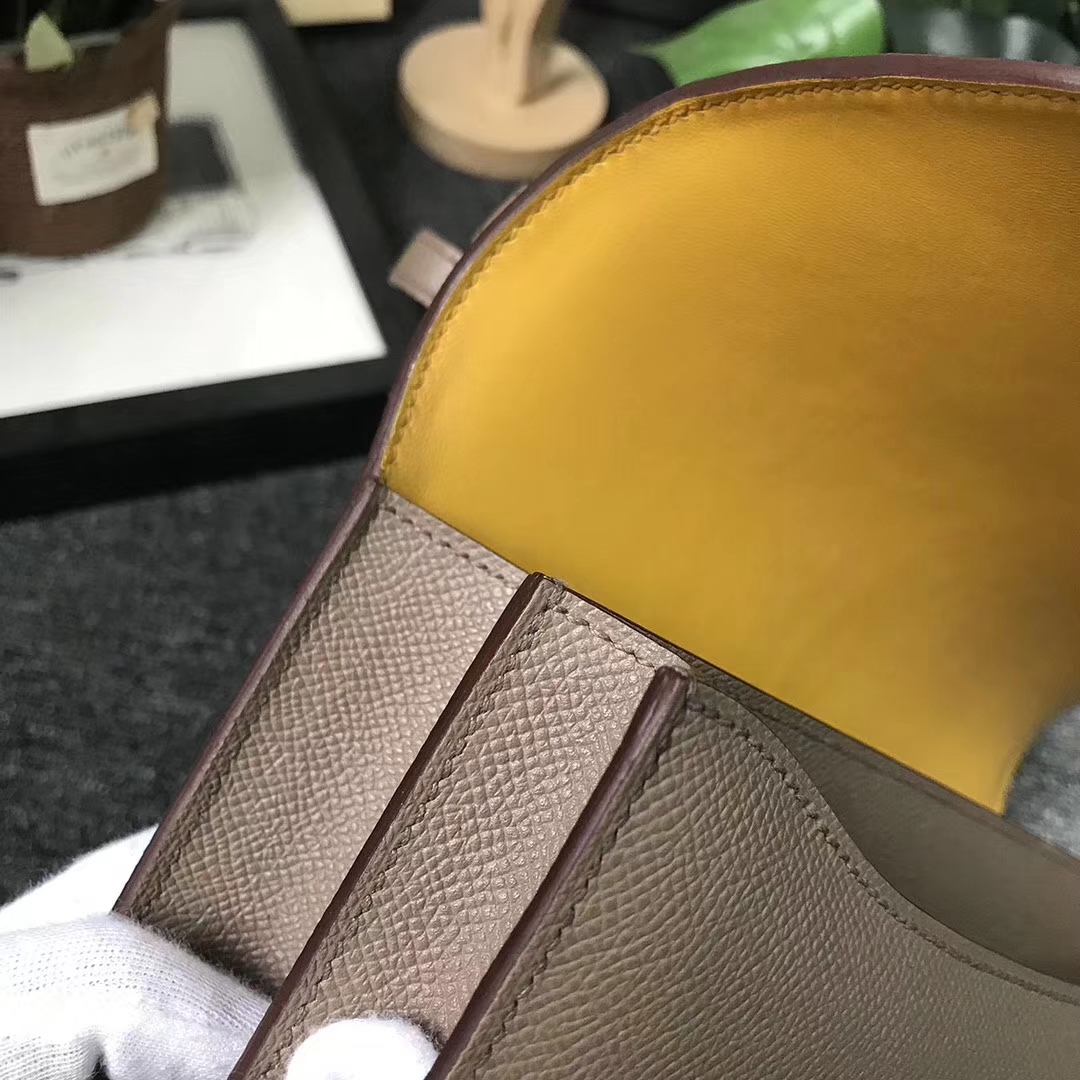 Hermès（爱马仕）Constance空姐包 CK18大象灰内拼9D琥珀黄 原厂御用顶级Epsom 皮 玫瑰金扣 26cm