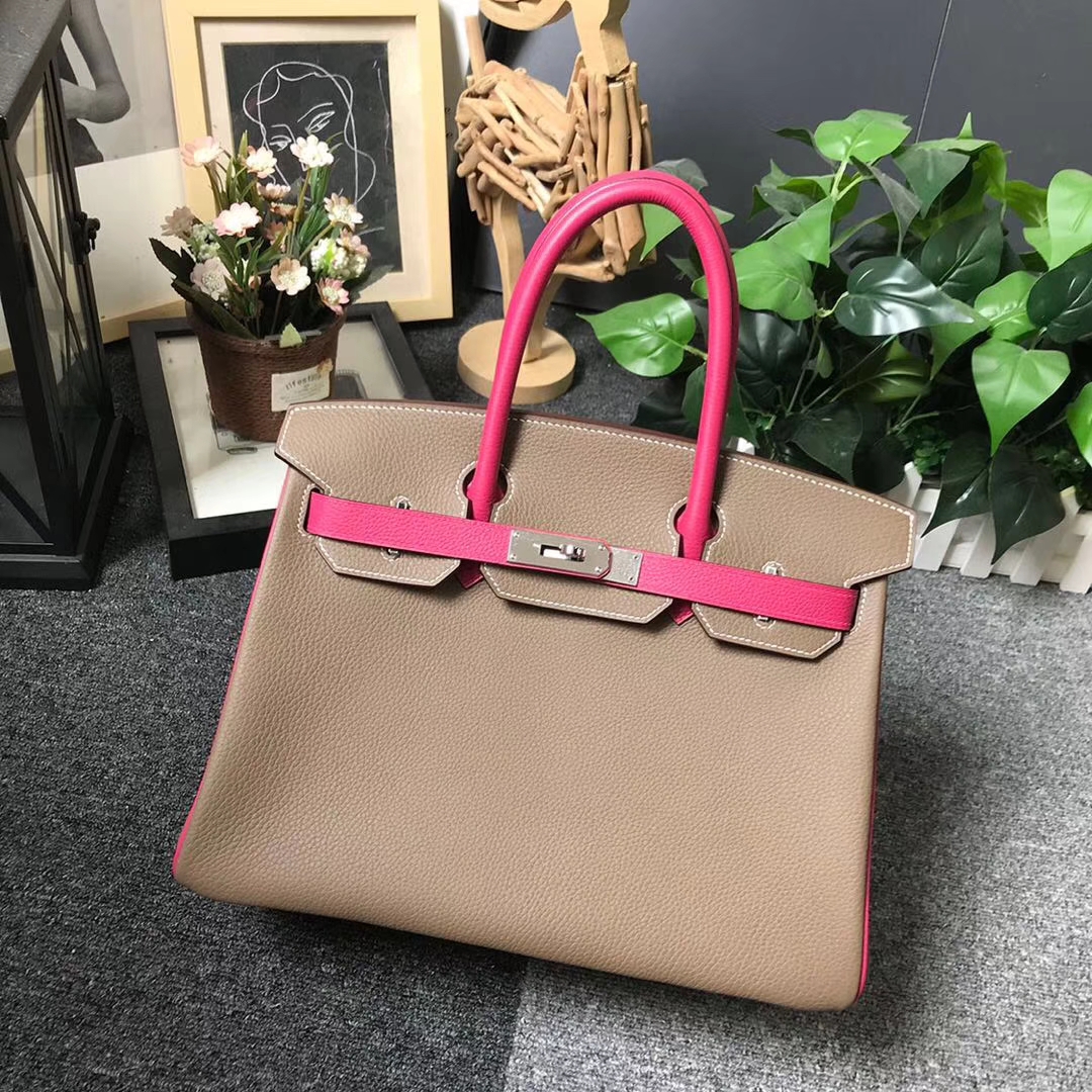 Hermès（爱马仕）CK18 大象灰拼桃红 原厂御用顶级小牛皮 Birkin 30 银扣