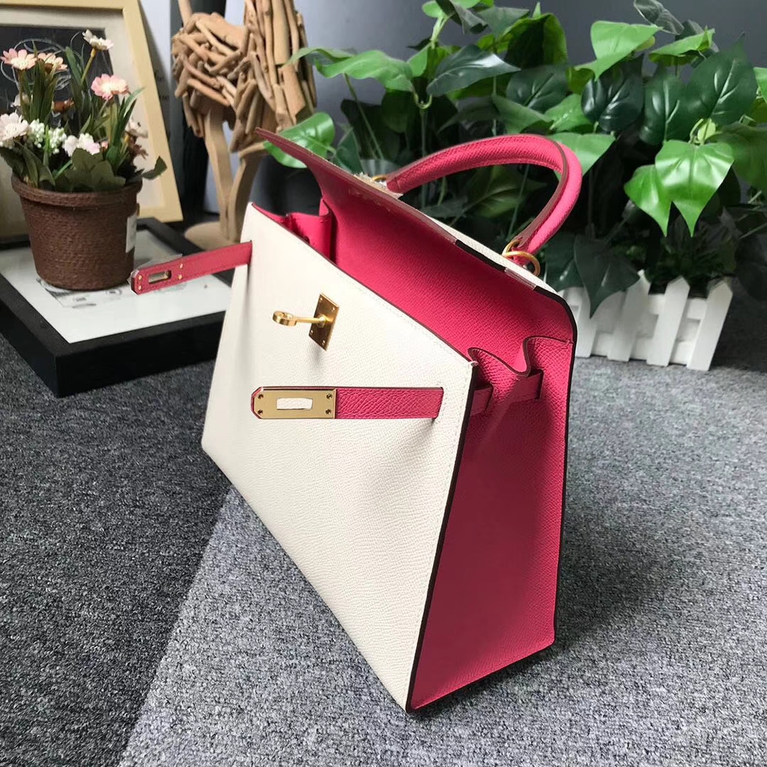 Hermès（爱马仕）奶昔白拼8W新唇膏粉 原厂御用顶级Epsom 皮 Kelly 25 外缝 拉丝金扣