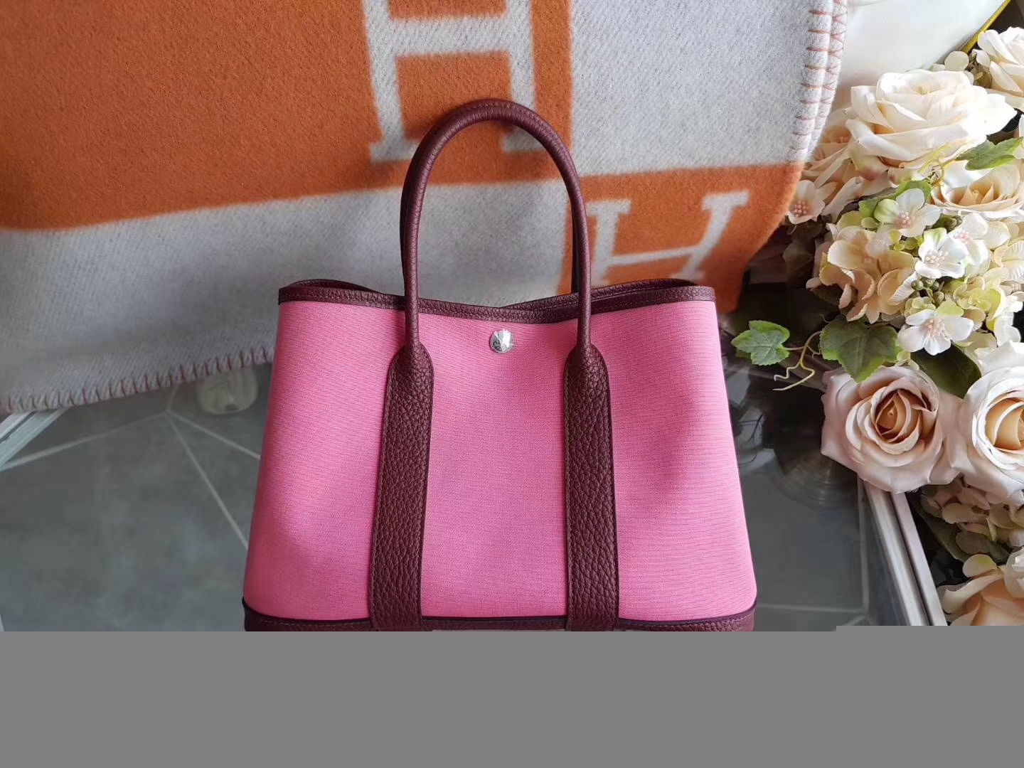 Hermès（爱马仕）Garden Party 花园包 帆布拼牛皮 8w新唇膏粉拼爱马仕红 30Cm