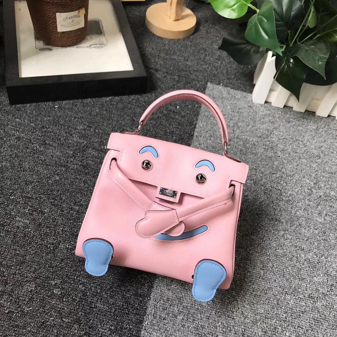 Hermès（爱马仕）3Q新樱花粉拼糖果蓝 原厂御用顶级Swift 皮 Kelly doll  银扣