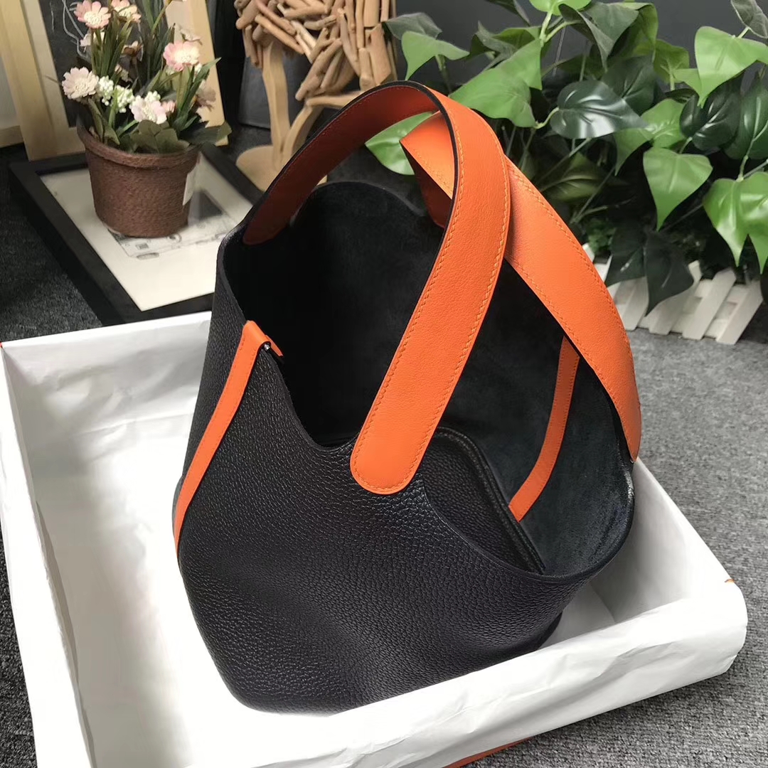 Hermès（爱马仕）CK89 黑色拼橙色 原厂御用顶级TC 皮 Picotin  Lock 22cm 银扣