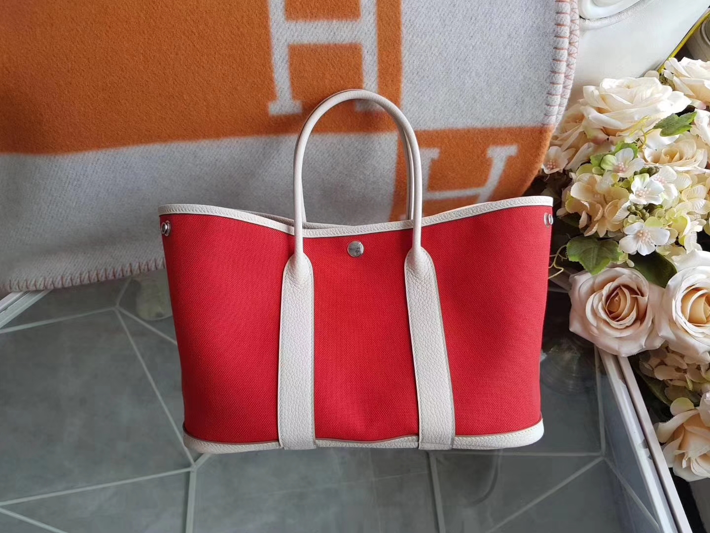 Hermès（爱马仕）Garden Party 花园包 帆布拼牛皮 s5番茄红拼奶昔白 30Cm