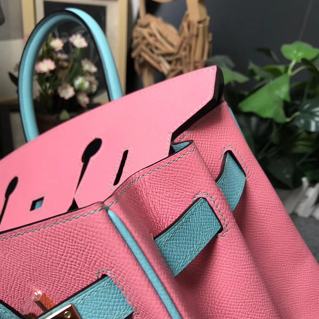 Hermès（爱马仕）1Q奶昔粉拼3P马卡龙蓝 原厂御用顶级Epsom 皮 Birkin 30 金扣