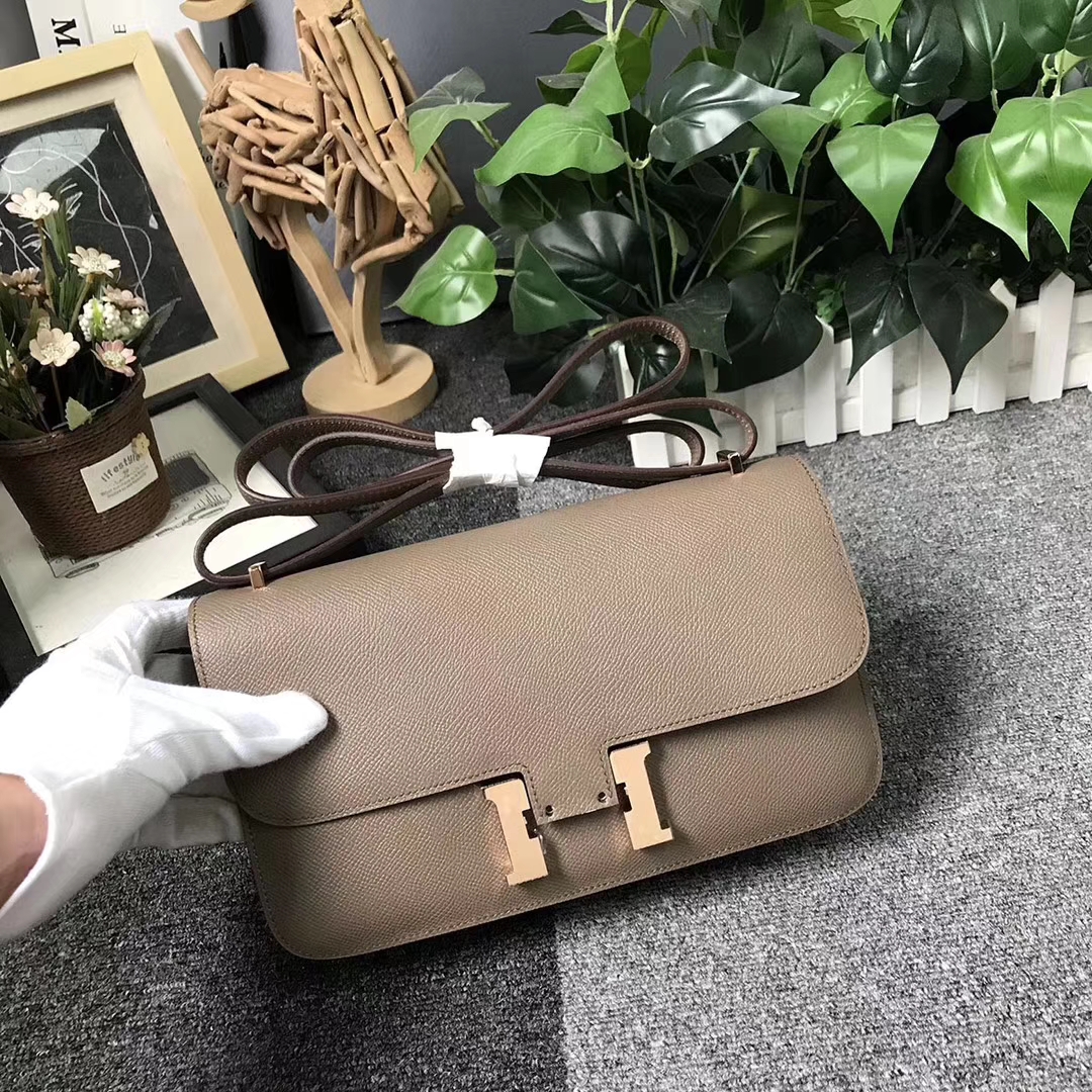 Hermès（爱马仕）Constance空姐包 CK18大象灰内拼9D琥珀黄 原厂御用顶级Epsom 皮 玫瑰金扣 26cm
