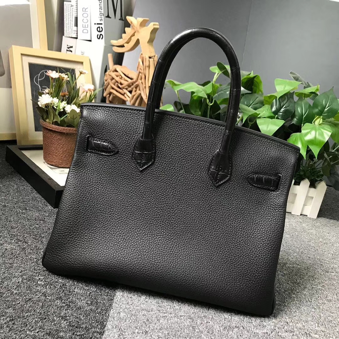 Hermès（爱马仕）CK89 黑色 原厂御用顶级小牛皮拼鳄鱼皮 Birkin 30 金扣