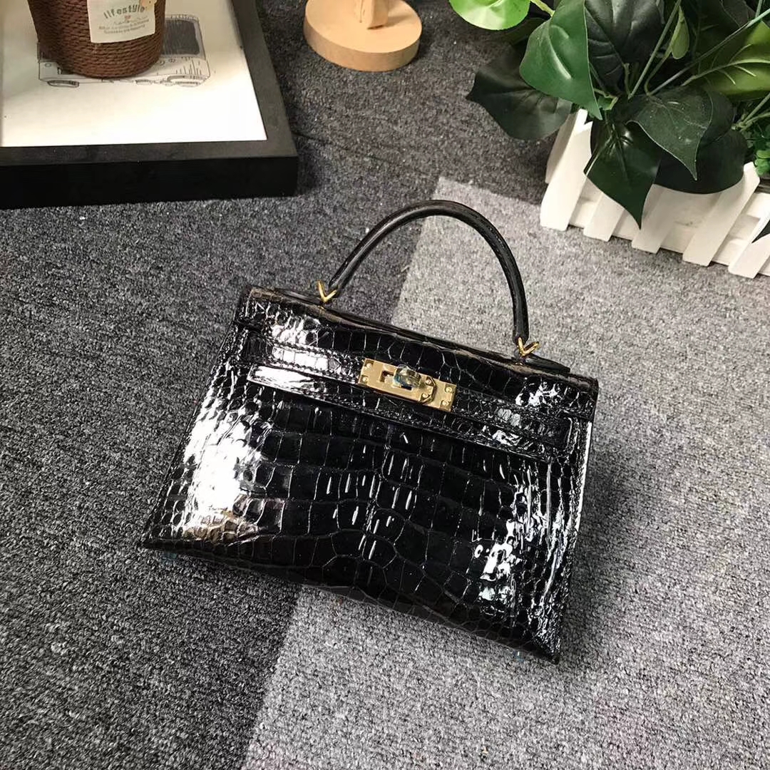 Hermès（爱马仕）黑色 原厂御用顶级鳄鱼皮 Mini Kelly 二代 金扣