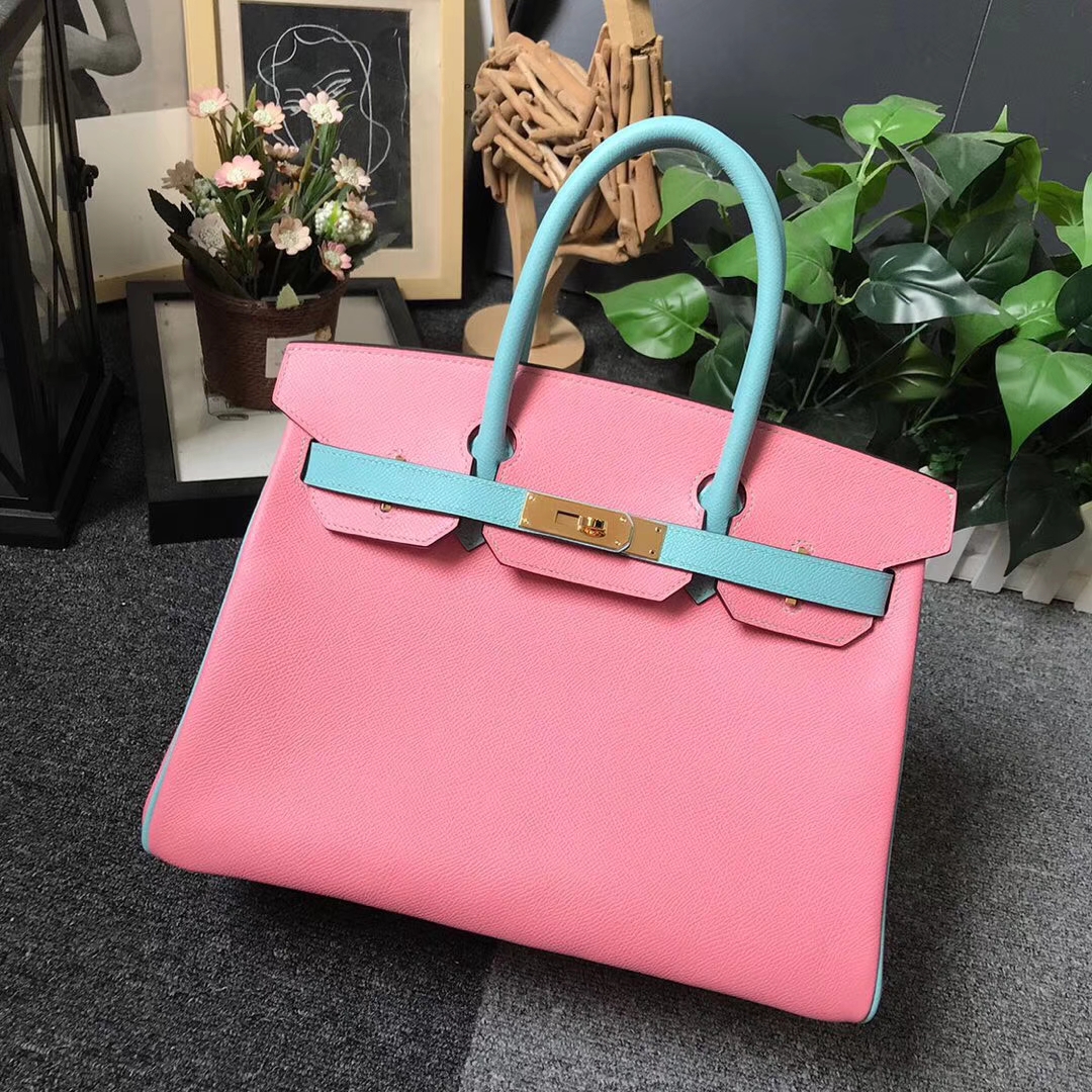 Hermès（爱马仕）1Q奶昔粉拼3P马卡龙蓝 原厂御用顶级Epsom 皮 Birkin 30 金扣