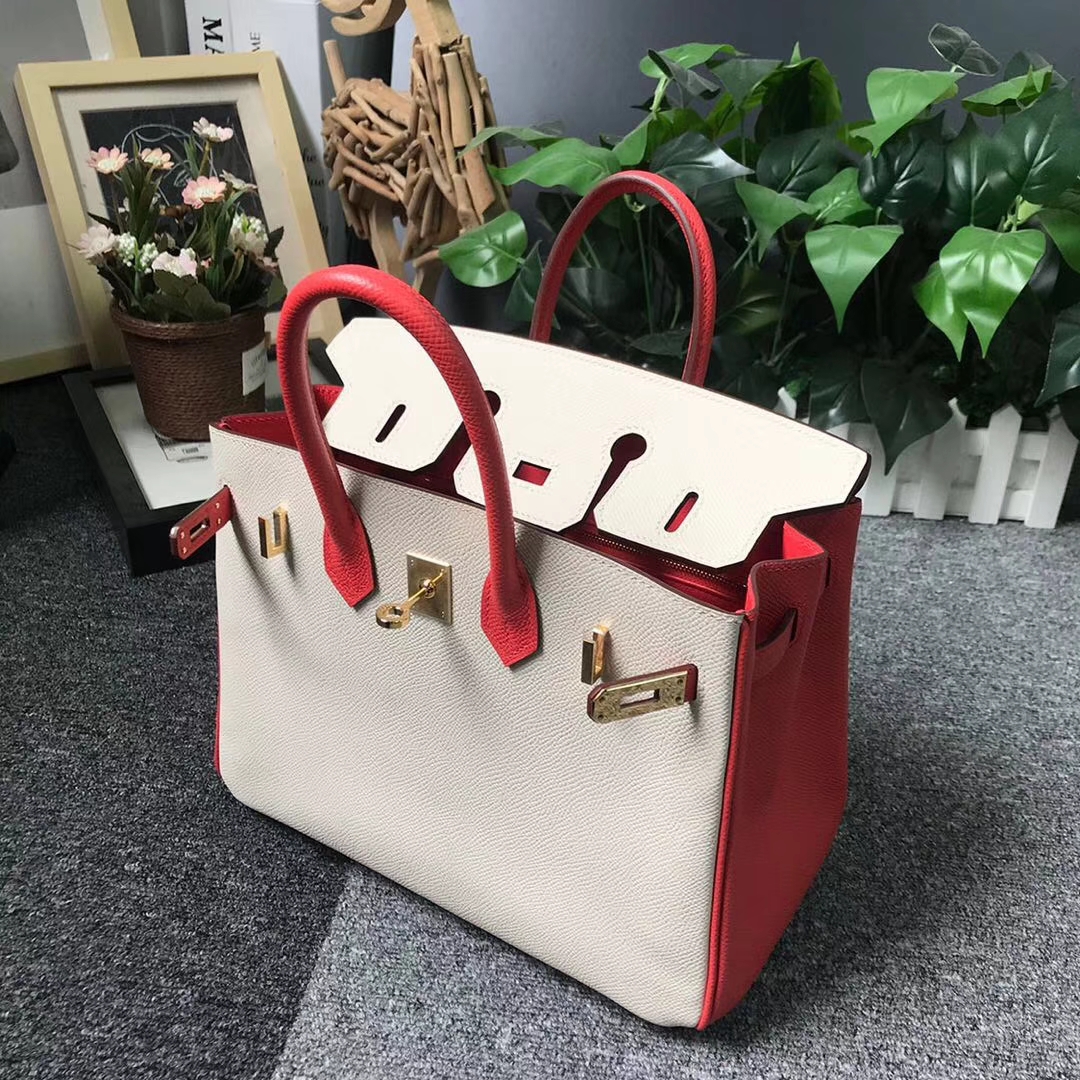 Hermès（爱马仕）奶昔白拼斋普尔粉 原厂御用顶级Epsom 皮 Birkin 25 金扣