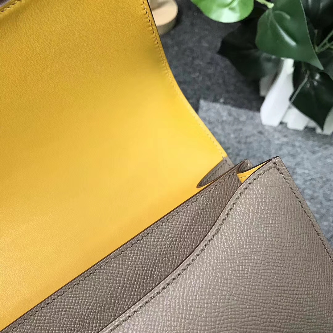 Hermès（爱马仕）Constance空姐包 CK18大象灰内拼9D琥珀黄 原厂御用顶级Epsom 皮 玫瑰金扣 26cm