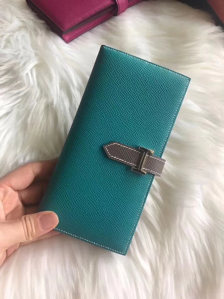 Hermès（爱马仕）bearn长款 原装等级进口epsom皮 孔雀蓝拼大象灰
