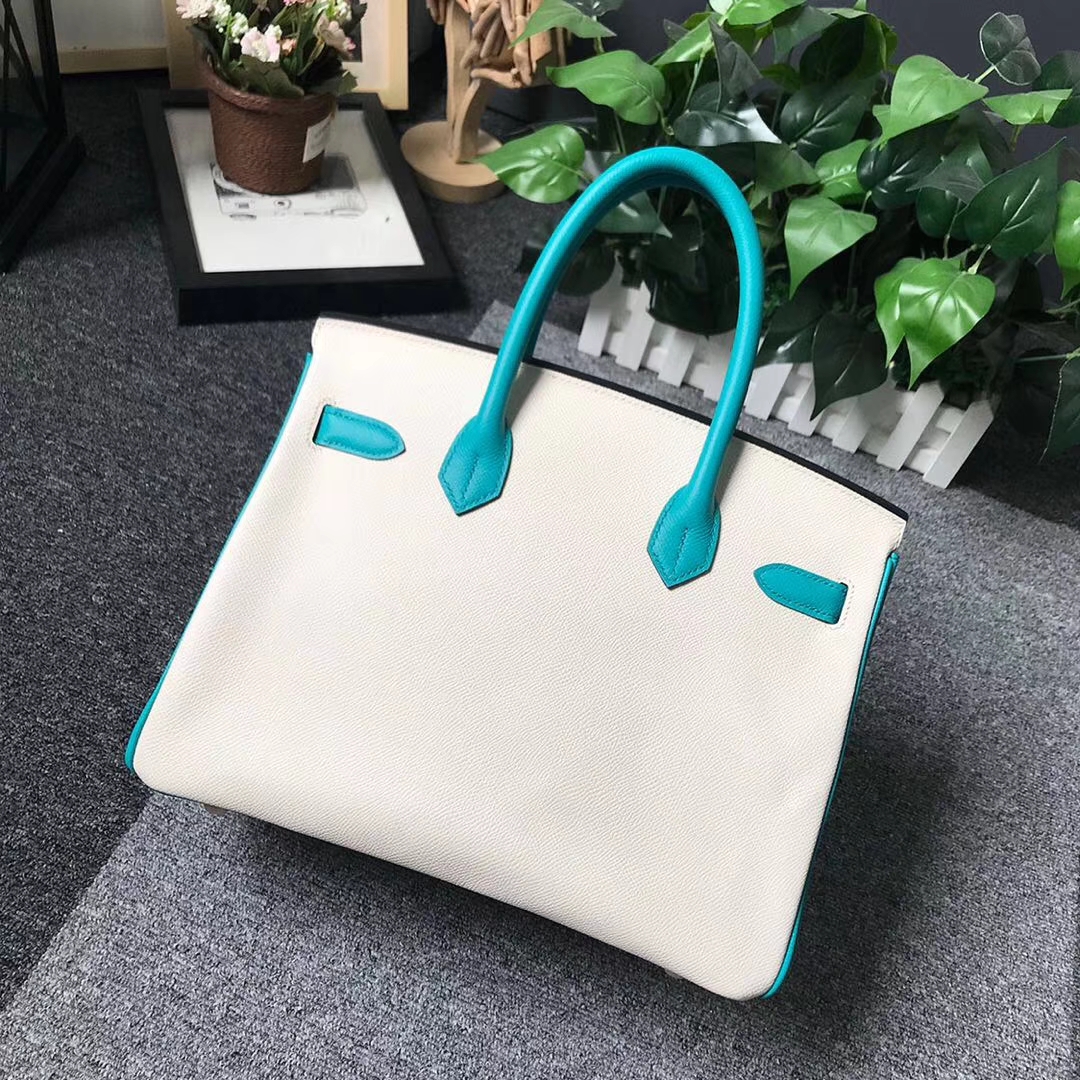 Hermès（爱马仕）奶昔白拼7F孔雀蓝 原厂御用顶级Epsom 皮 Birkin 30 金扣