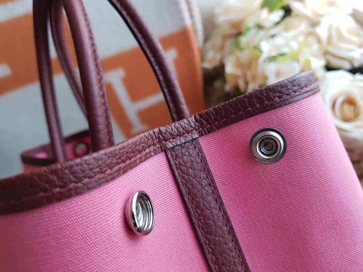 Hermès（爱马仕）Garden Party 花园包 帆布拼牛皮 8w新唇膏粉拼爱马仕红 30Cm