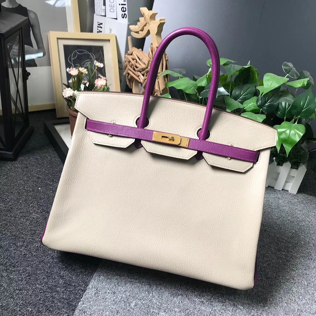 Hermès（爱马仕）风衣灰拼海葵紫 原厂御用顶级山羊皮 Birkin 35 金扣 现货