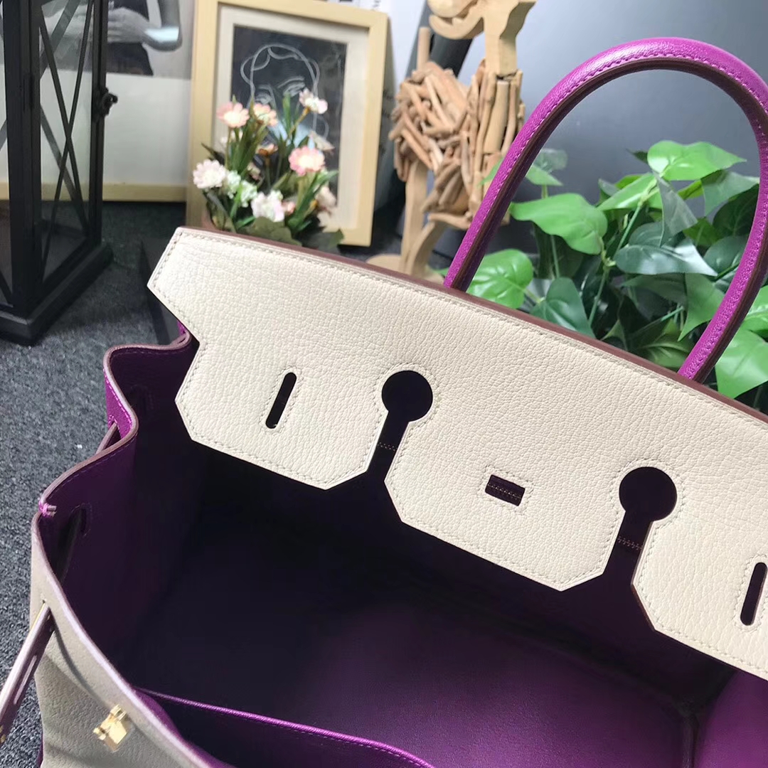 Hermès（爱马仕）风衣灰拼海葵紫 原厂御用顶级山羊皮 Birkin 35 金扣 现货