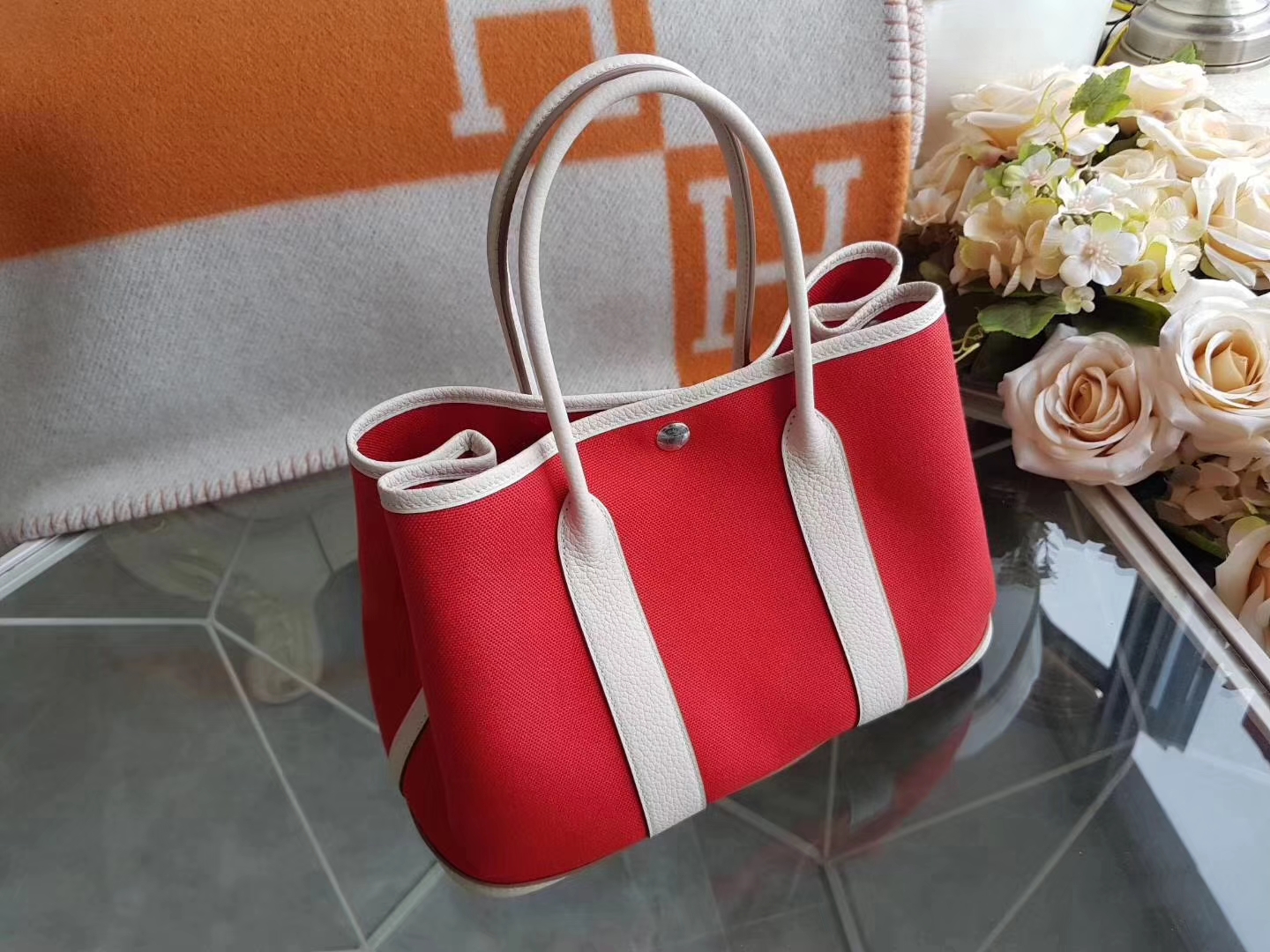 Hermès（爱马仕）Garden Party 花园包 帆布拼牛皮 s5番茄红拼奶昔白 30Cm