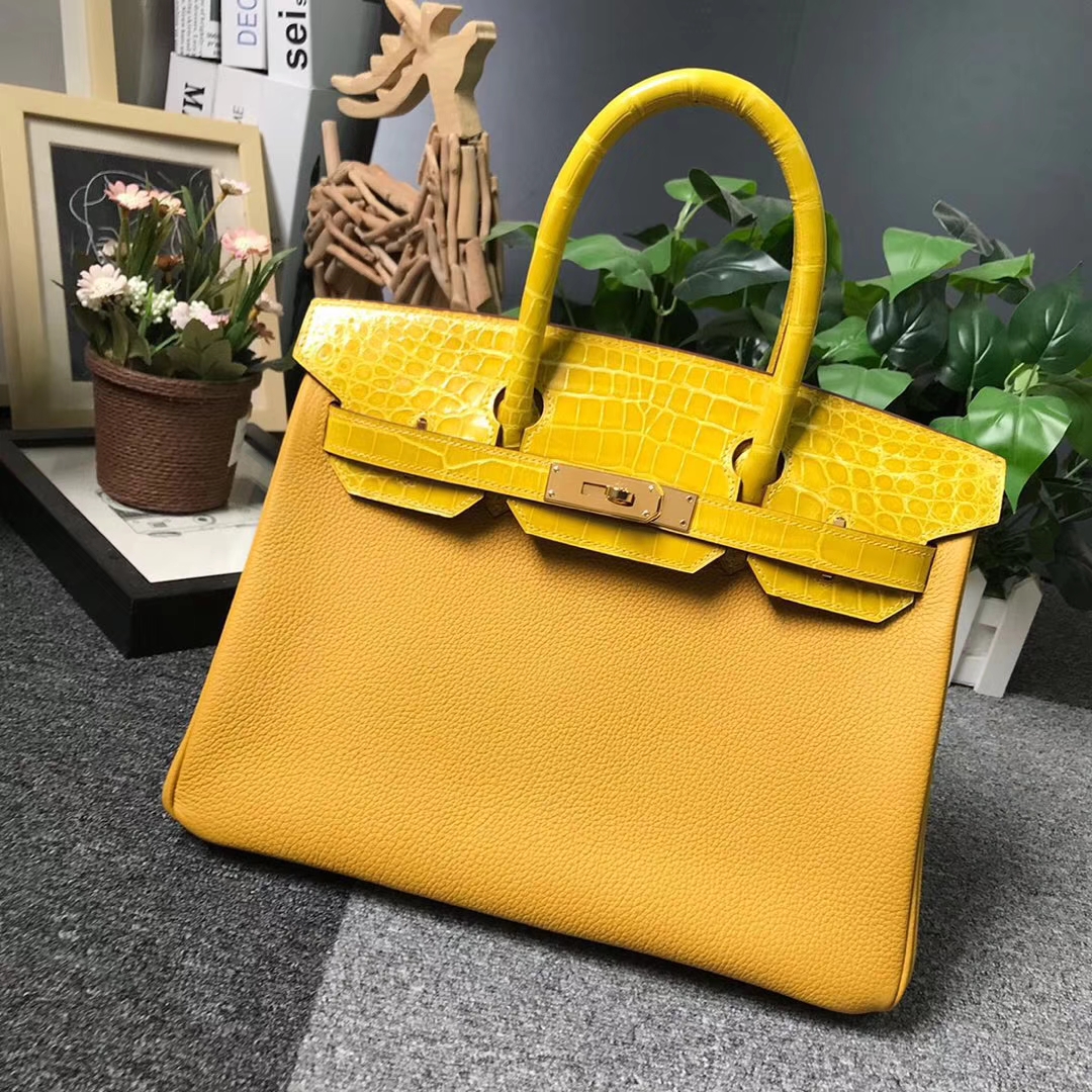Hermès（爱马仕）9D琥珀黄 原厂御用顶级小牛皮拼鳄鱼皮 Birkin 30 金扣