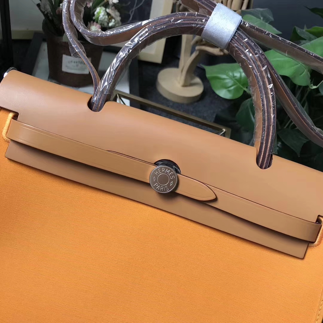 Hermès（爱马仕）金棕色马鞍皮拼橙色帆布 Herbag 31 现货