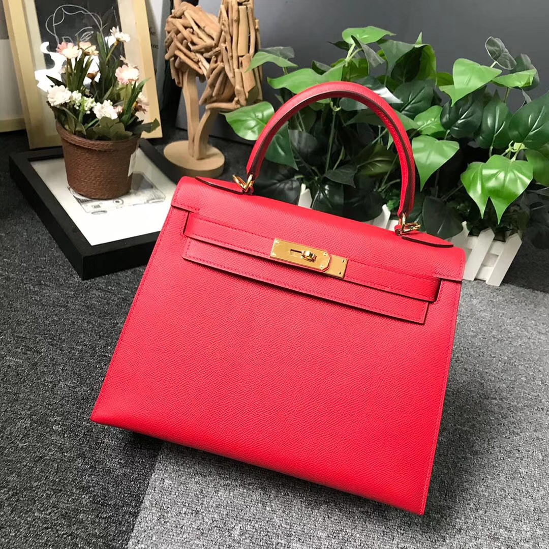 Hermès（爱马仕）Q5 中国红 糖果红 原厂御用顶级Epsom 皮 Kelly 28 外缝 金扣 现货