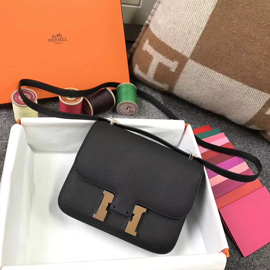 Hermès（爱马仕） Constance 空姐包 黑色 原厂御用顶级Epsom皮 玫瑰金扣 19cm