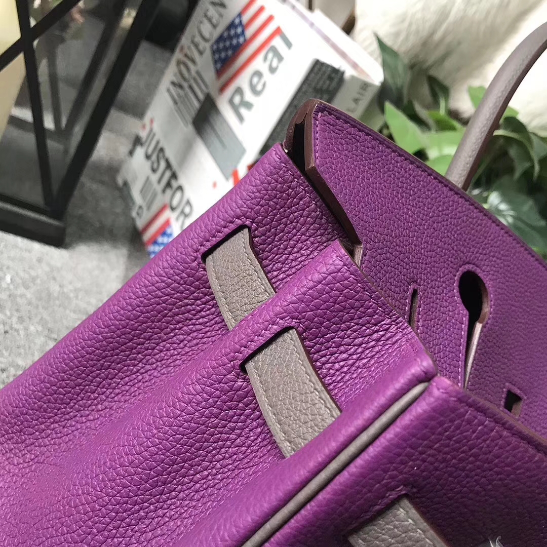 Hermès（爱马仕）Birkin铂金包 P9 海葵紫拼8F锡器灰 原厂御用顶级小牛皮 银拉丝扣 30cm