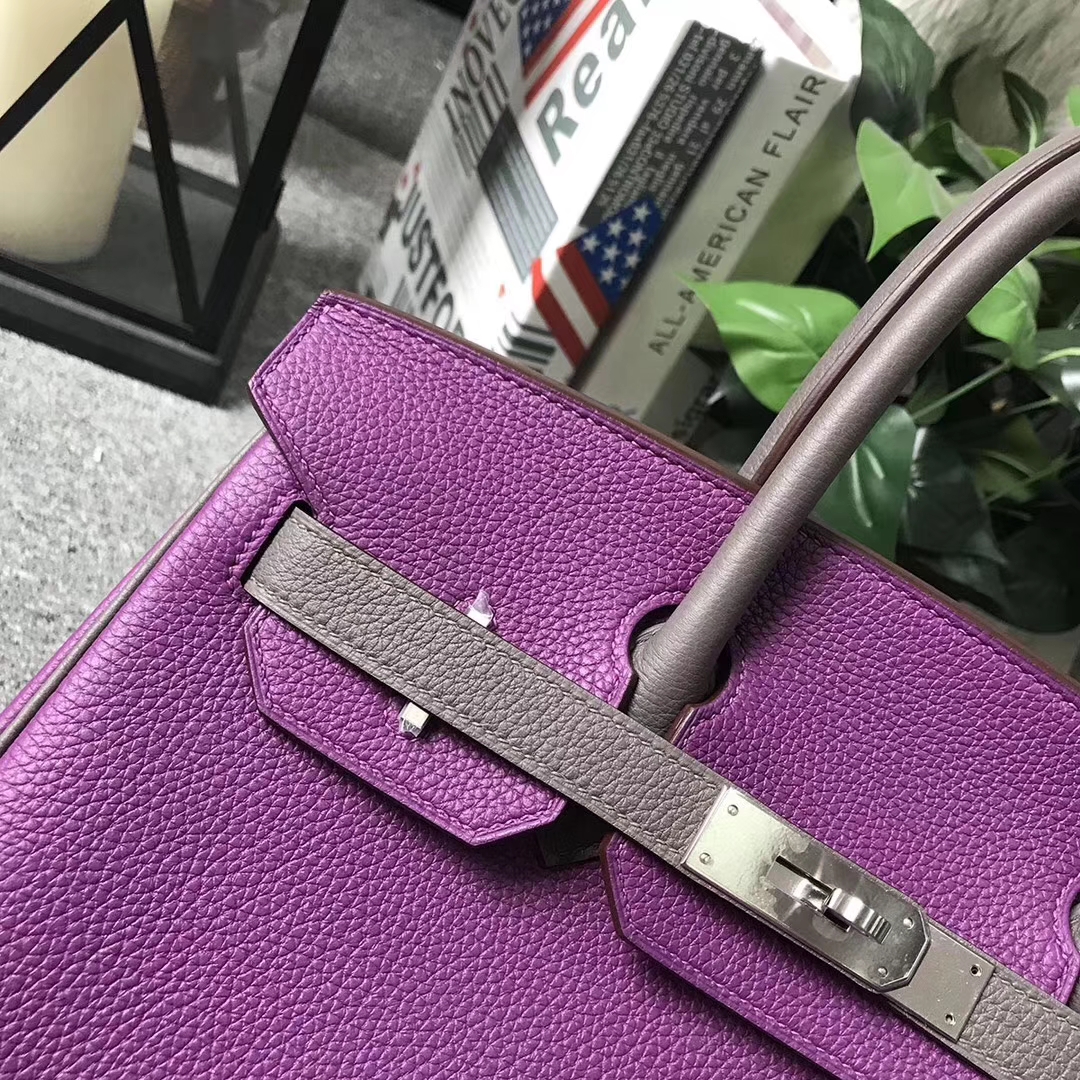 Hermès（爱马仕）Birkin铂金包 P9 海葵紫拼8F锡器灰 原厂御用顶级小牛皮 银拉丝扣 30cm