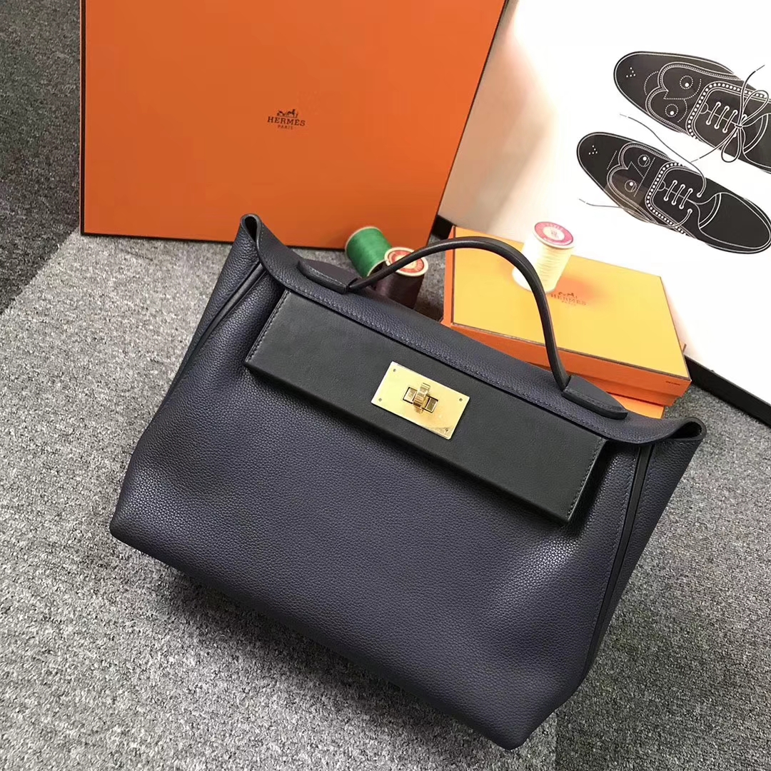 Hermès（爱马仕）午夜蓝拼黑色 原厂御用顶级小牛皮拼Swift 皮 2424 金扣 现货