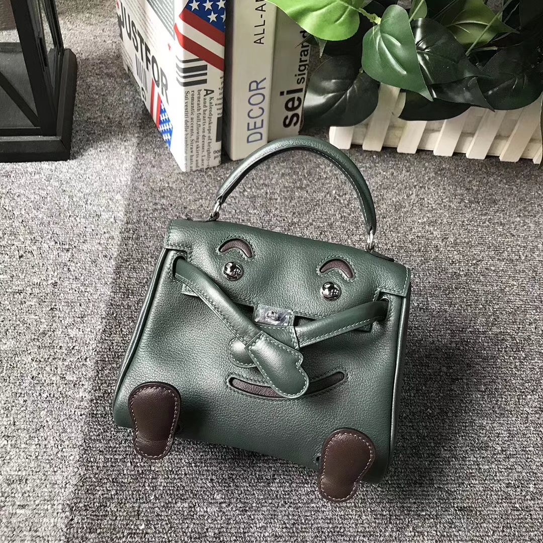 Hermès（爱马仕）2Q英国绿拼咖啡色 原厂御用顶级Swift 皮 Kelly doll 银扣