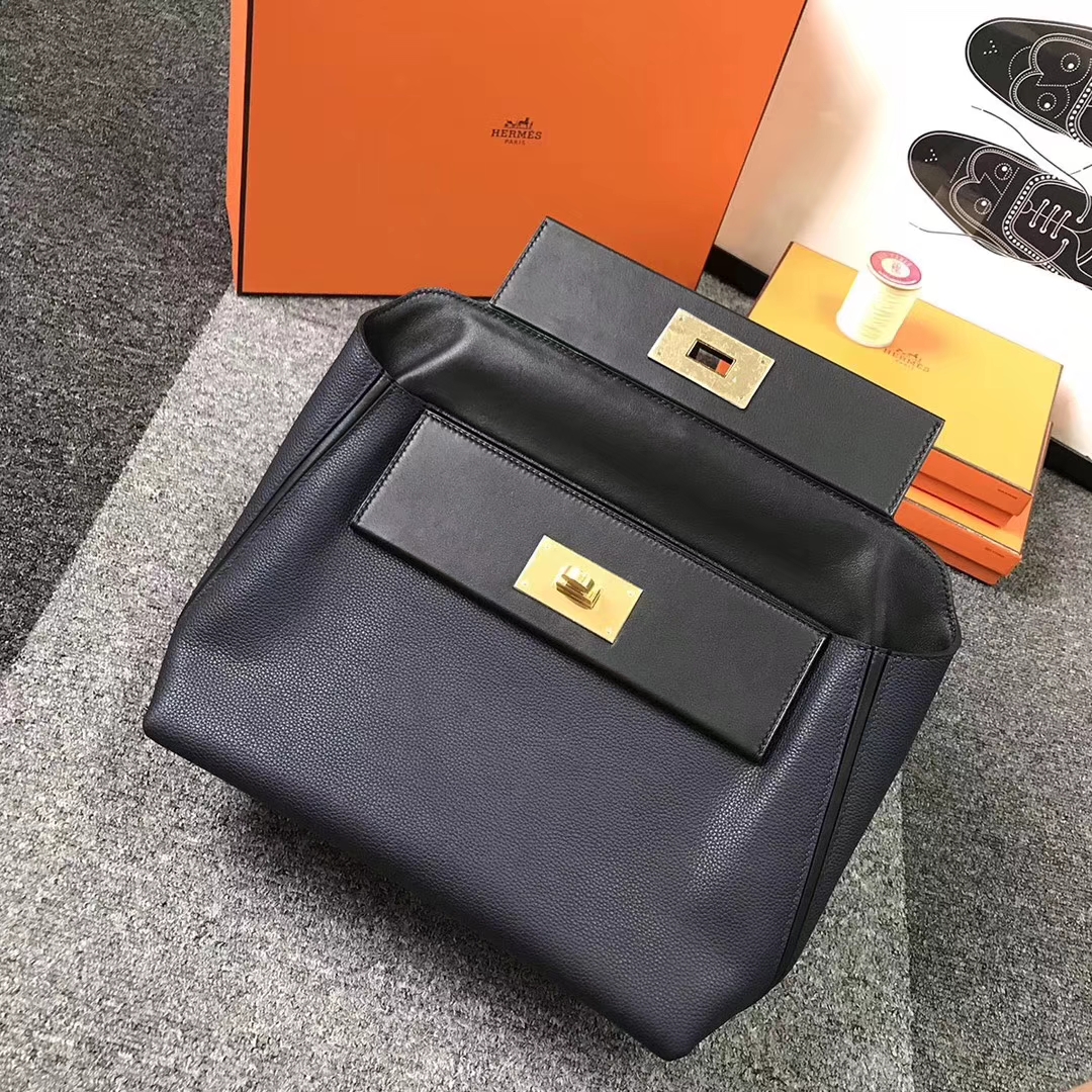 Hermès（爱马仕）午夜蓝拼黑色 原厂御用顶级小牛皮拼Swift 皮 2424 金扣 现货