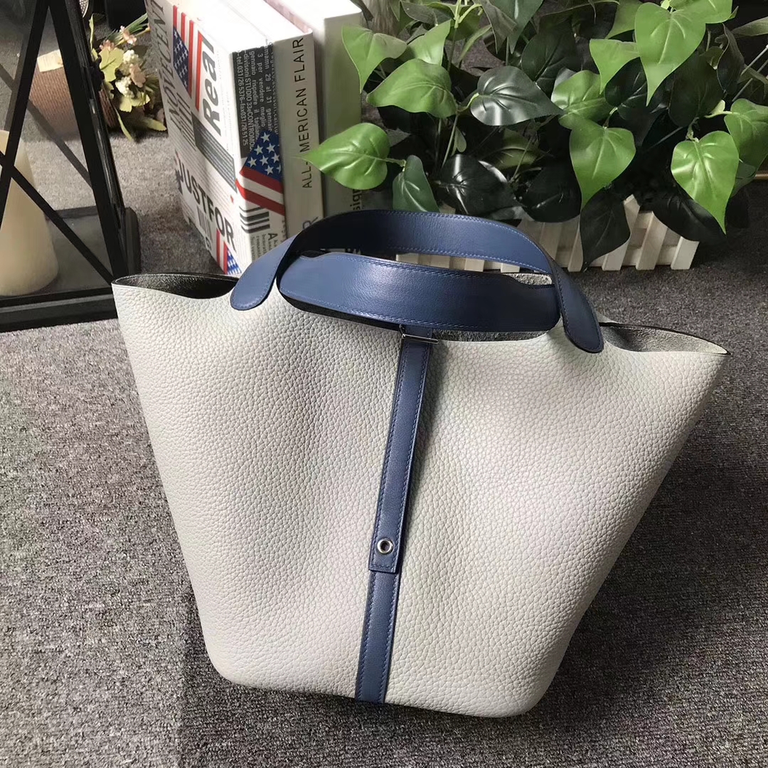 Hermès（爱马仕）菜篮包 海鸥灰拼玛瑙蓝 原厂御用顶级TC 皮 Picotin Lock 22cm 银扣