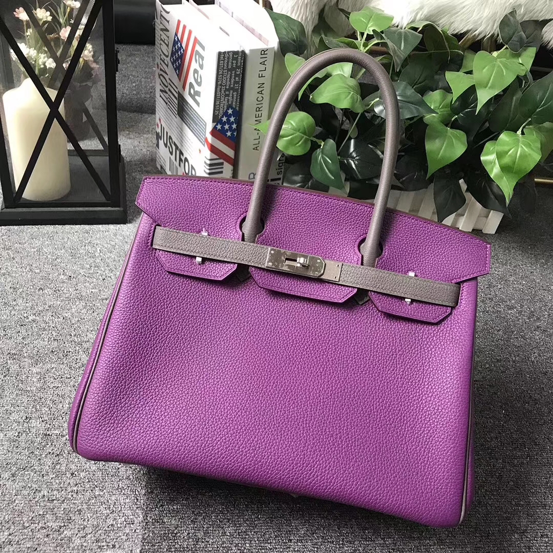 Hermès（爱马仕）Birkin铂金包 P9 海葵紫拼8F锡器灰 原厂御用顶级小牛皮 银拉丝扣 30cm