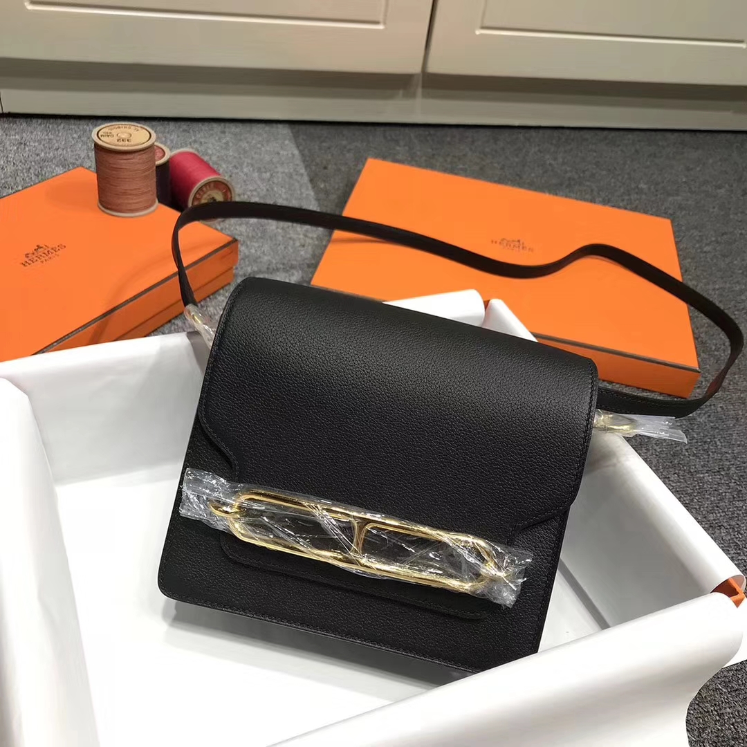Hermès（爱马仕）Roulis猪鼻包 黑色 原厂御用顶级Ever Color 皮 金扣 19cm