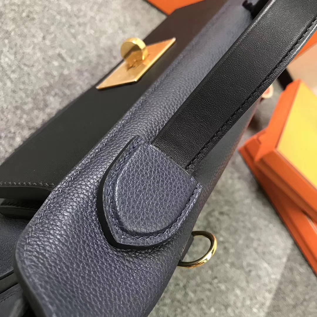 Hermès（爱马仕）午夜蓝拼黑色 原厂御用顶级小牛皮拼Swift 皮 2424 金扣 现货