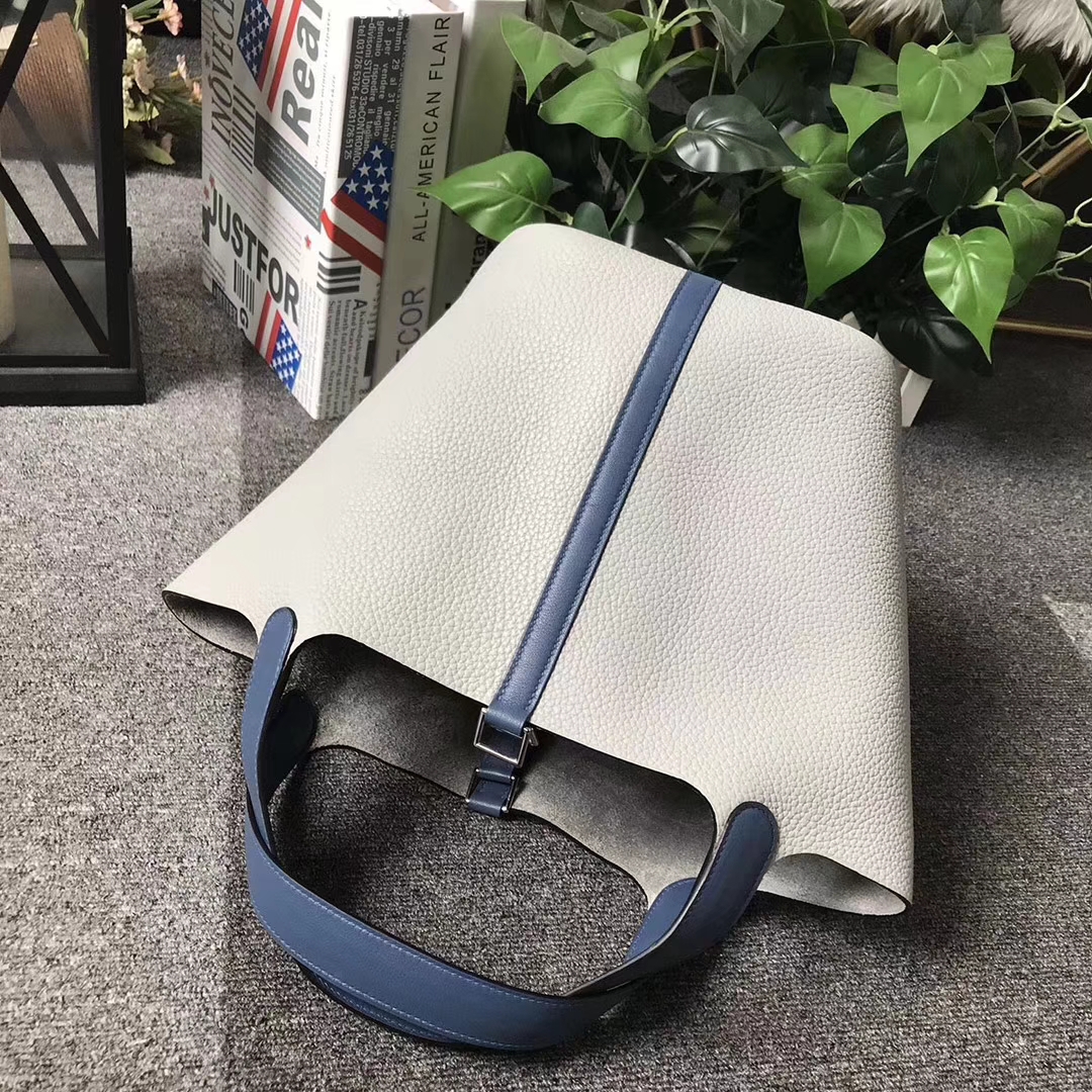 Hermès（爱马仕）菜篮包 海鸥灰拼玛瑙蓝 原厂御用顶级TC 皮 Picotin Lock 22cm 银扣