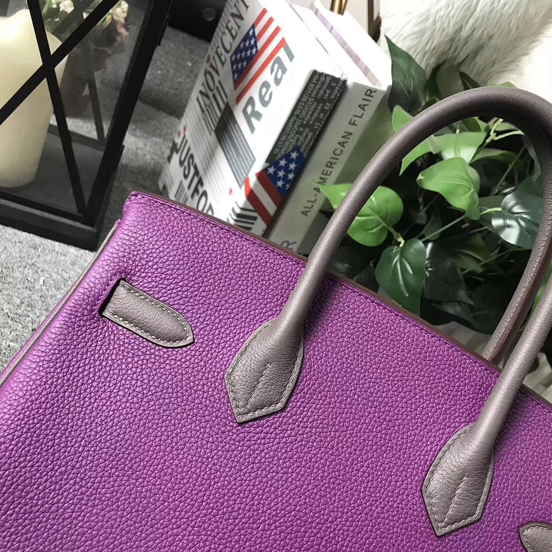 Hermès（爱马仕）Birkin铂金包 P9 海葵紫拼8F锡器灰 原厂御用顶级小牛皮 银拉丝扣 30cm