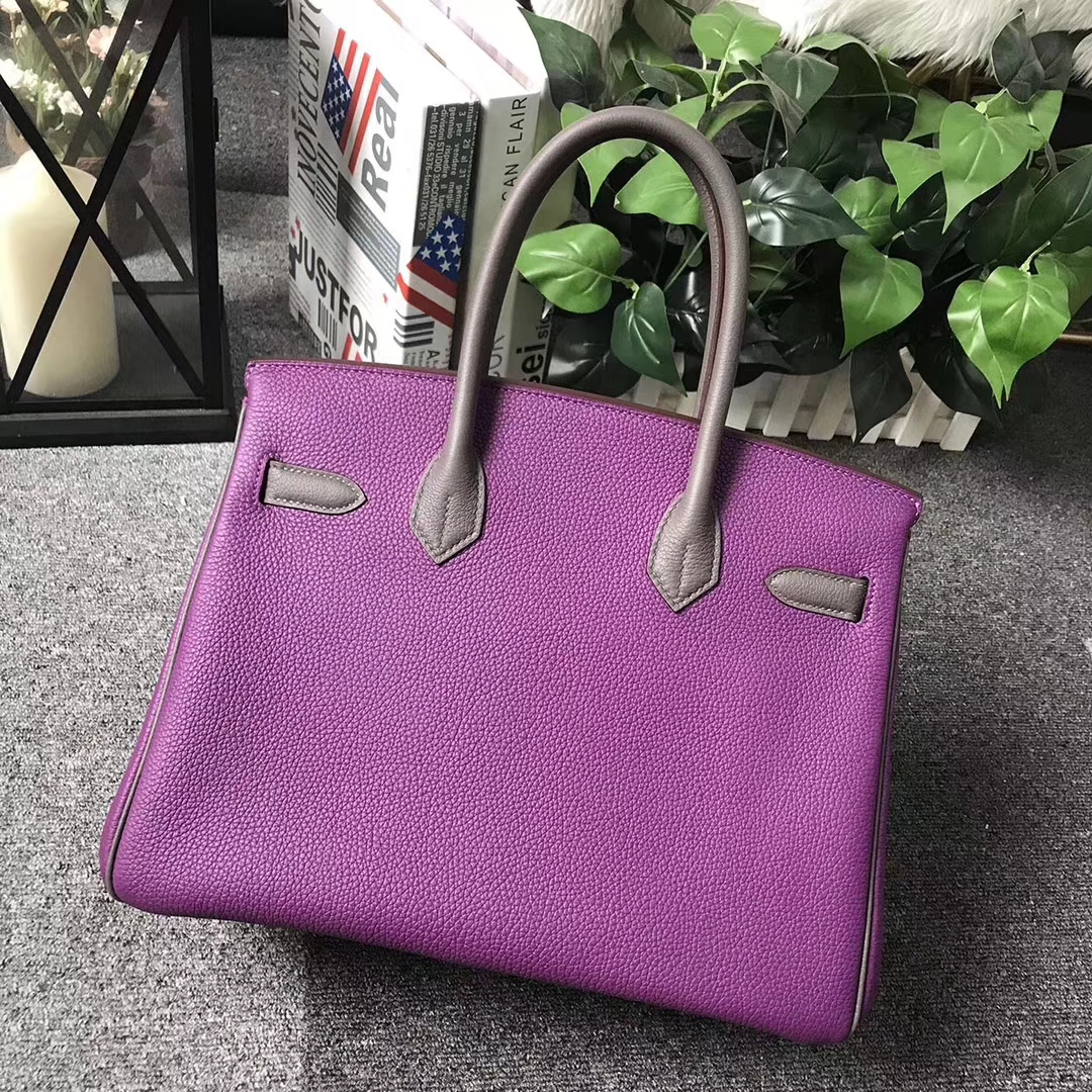 Hermès（爱马仕）Birkin铂金包 P9 海葵紫拼8F锡器灰 原厂御用顶级小牛皮 银拉丝扣 30cm