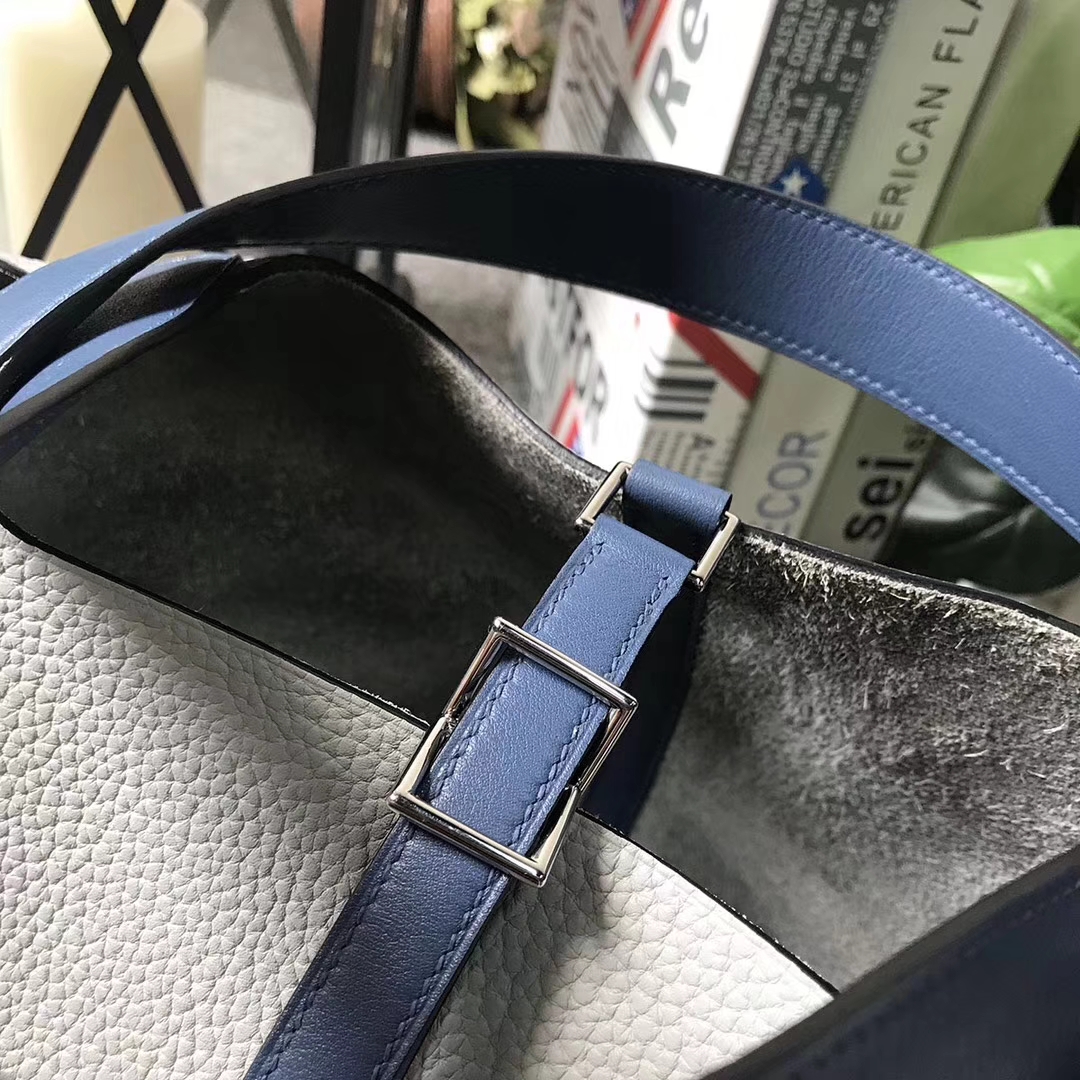 Hermès（爱马仕）菜篮包 海鸥灰拼玛瑙蓝 原厂御用顶级TC 皮 Picotin Lock 22cm 银扣