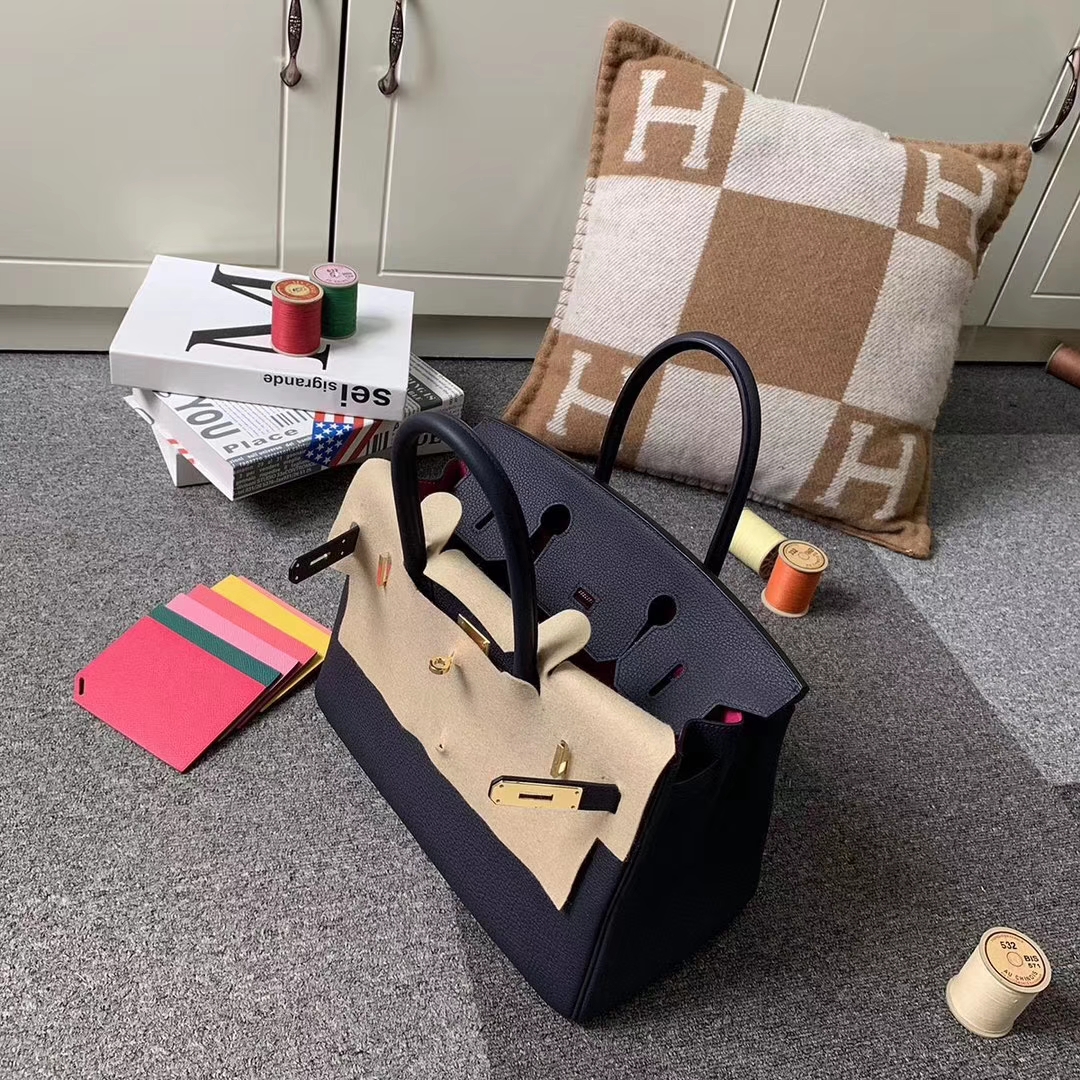 Hermès（爱马仕）Birkin铂金包 午夜蓝内拼L3玫瑰紫 原厂御用顶级小牛皮 金扣 30cm 现货