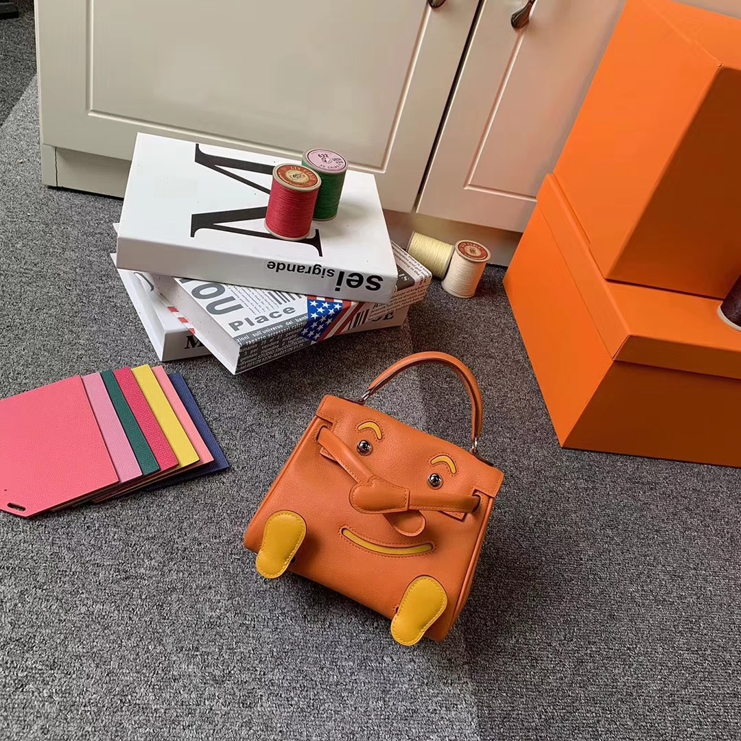 Hermès（爱马仕）Kelly doll 橙色拼芥末黄 原厂御用顶级Swift 皮 银扣