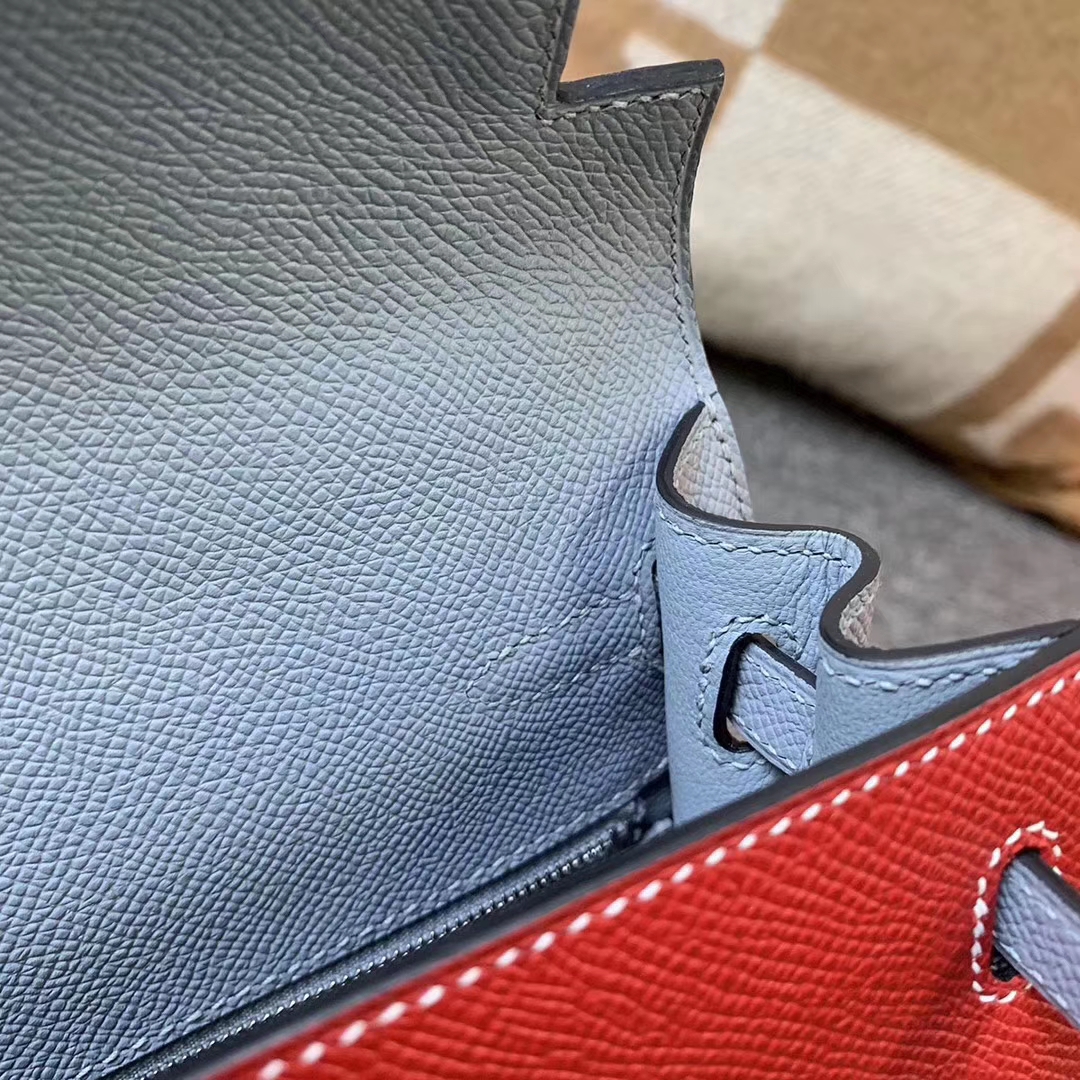 Hermès（爱马仕）Q5中国红拼J7亚麻蓝 原厂御用顶级Epsom 皮 Kelly 25 外缝 银扣