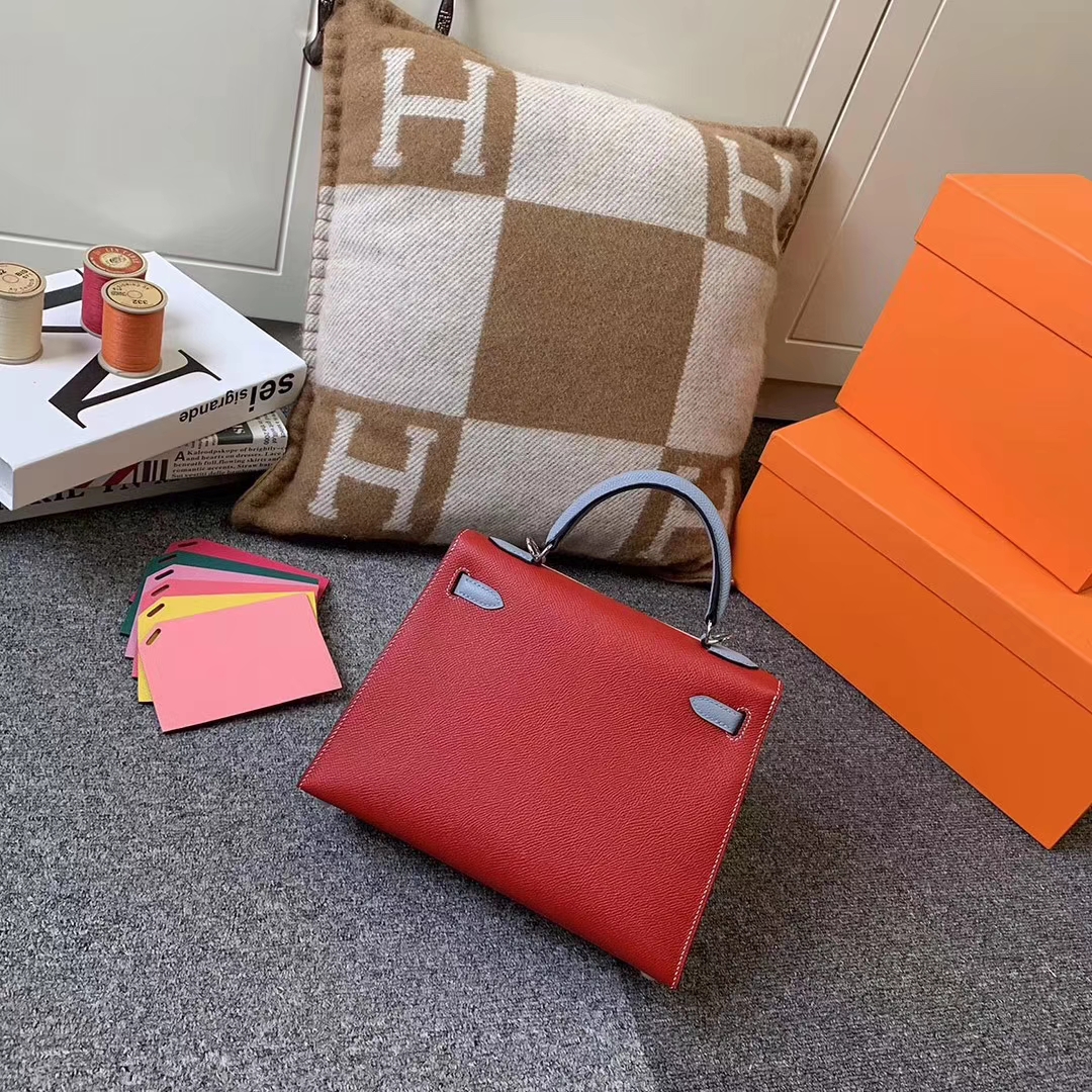 Hermès（爱马仕）Q5中国红拼J7亚麻蓝 原厂御用顶级Epsom 皮 Kelly 25 外缝 银扣